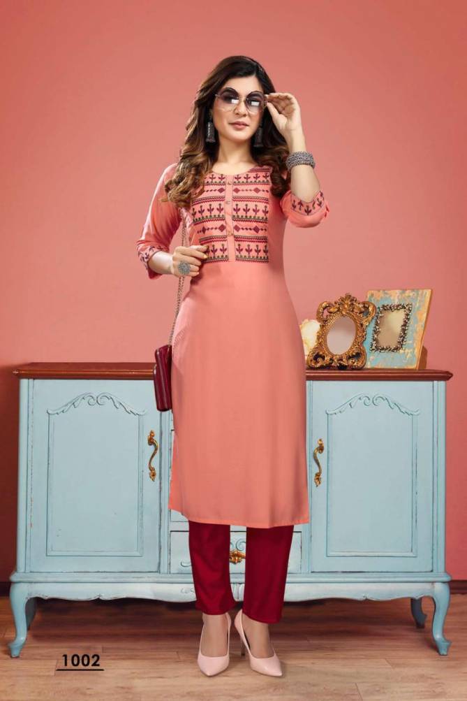 Pears 1001 Rayon Embroidery Ethnic Wear Kurti With Pant Collection